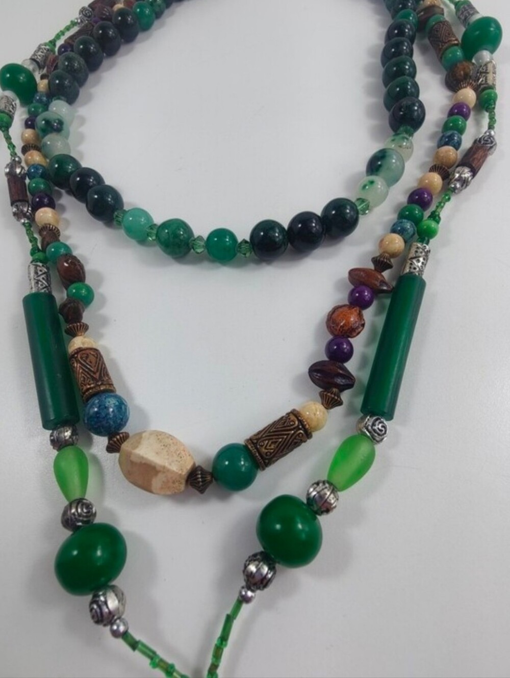 Boho Green Layered Necklace Bundle Jade Agate Jasper Glass Beads Artisan 3 Pc - Picture 6 of 16